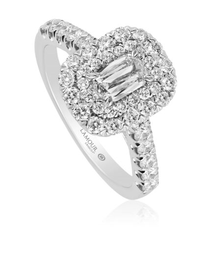 Double halo engagement ring with diamond band
